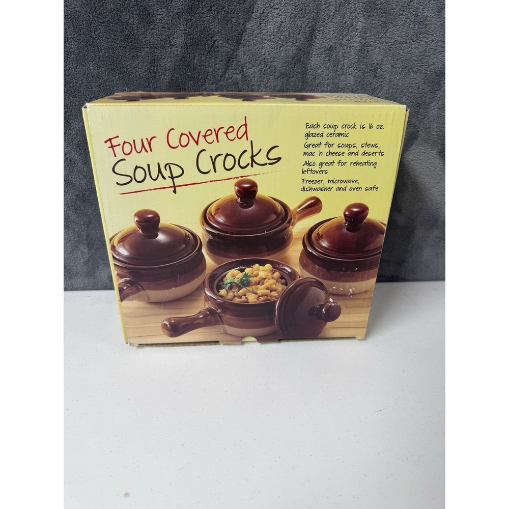 Four (4) Covered Soup Crocks Sturdy Bowl w/ Handle * Lid w/ Knob * Comfort Food